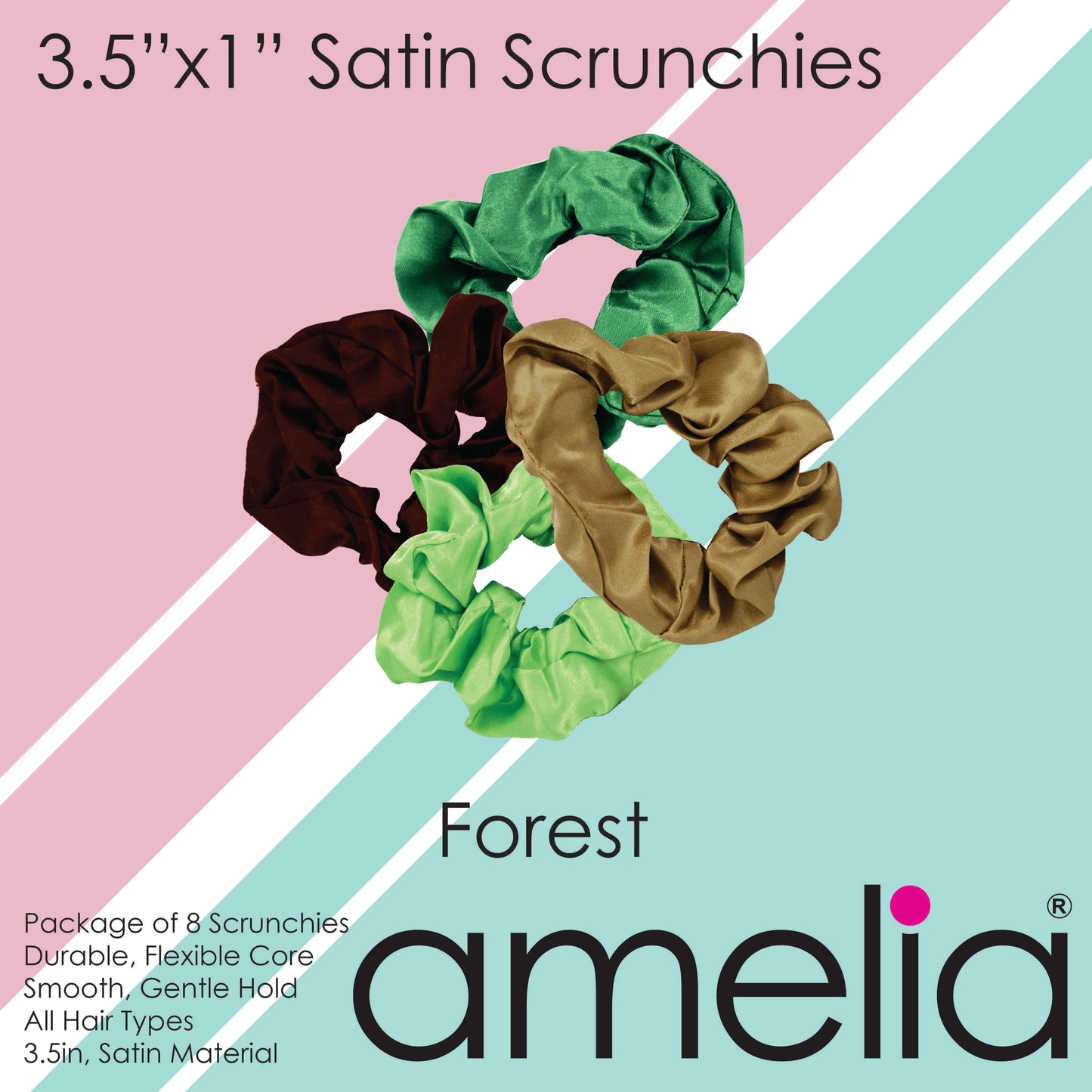 Amelia Beauty Products, Forest Blend Satin Scrunchies, 3.5in Diameter, Gentle on Hair, Strong Hold, No Snag, No Dents or Creases. 8 Pack