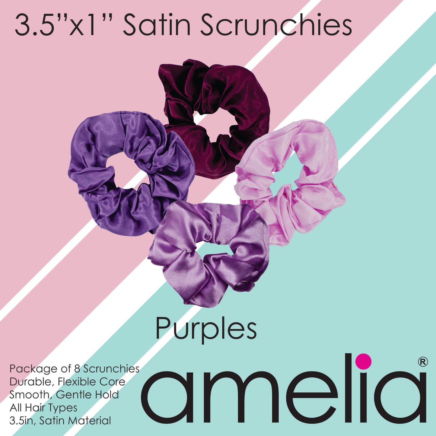 Amelia Beauty Products, Purples Mix Satin Scrunchies, 3.5in Diameter, Gentle on Hair, Strong Hold, No Snag, No Dents or Creases. 8 Pack