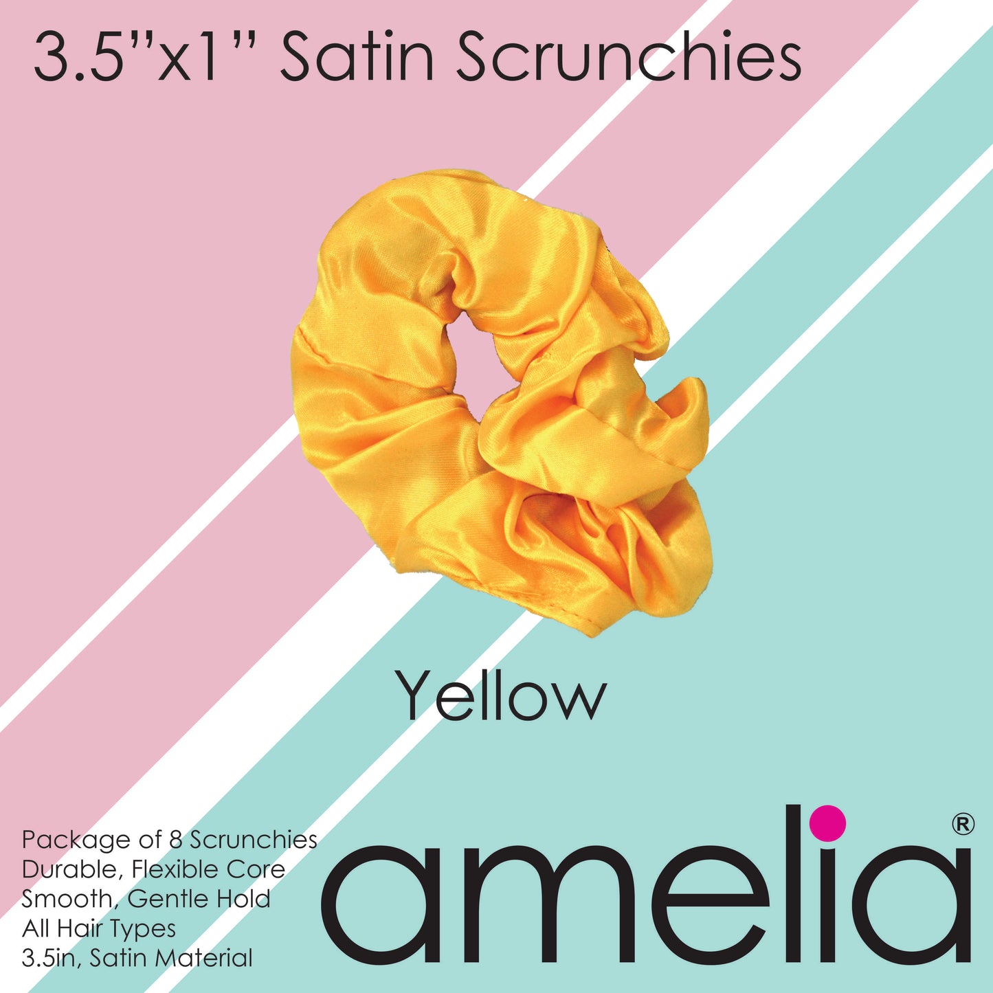 Amelia Beauty Products, Yellow Satin Scrunchies, 3.5in Diameter, Gentle on Hair, Strong Hold, No Snag, No Dents or Creases. 8 Pack