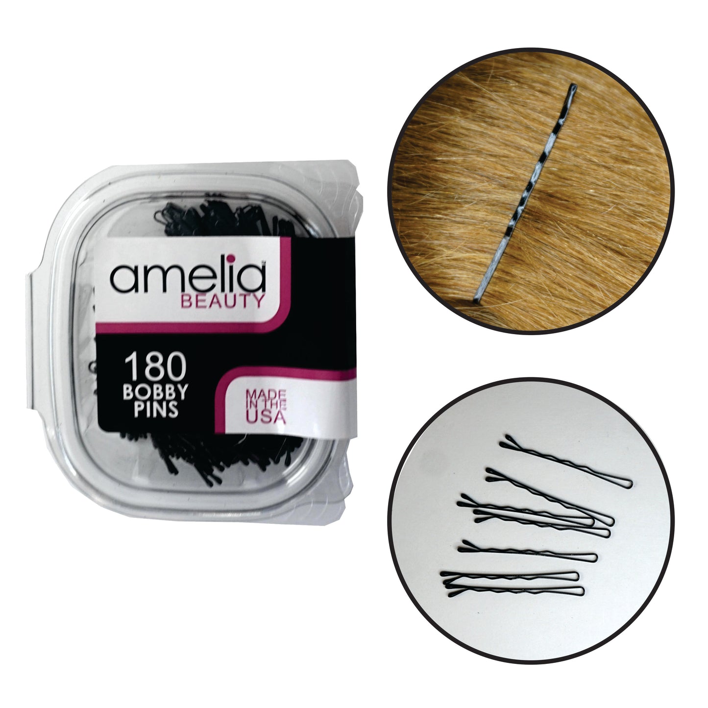 Amelia Beauty Professional Quality Black Bobby Pins, Made in USA, 180 Count, 2" Long, Strong Grip, Durable Plastic Tips, Comfortable All-Day Wear