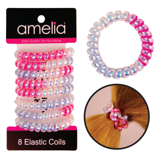 Amelia Beauty Products 8 Medium Smooth Elastic Mutli-Colored Hair Coils, 2.25in Diameter Spiral Hair Ties, Gentle Yet Strong Hold and Minimizes Dents, Pink/Blue