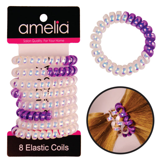 Amelia Beauty Products 8 Medium Smooth Elastic Mutli-Colored Hair Coils, 2.25in Diameter Spiral Hair Ties, Gentle Yet Strong Hold and Minimizes Dents, Purple/Silver