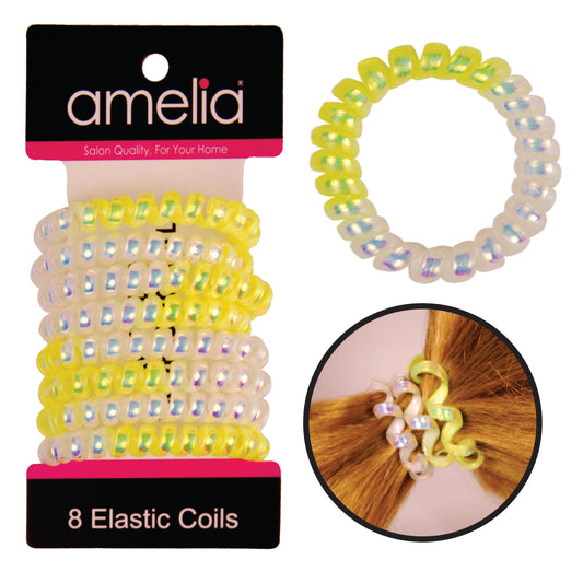 Amelia Beauty Products 8 Medium Smooth Elastic Mutli-Colored Hair Coils, 2.25in Diameter Spiral Hair Ties, Gentle Yet Strong Hold and Minimizes Dents, Yellow/Silver