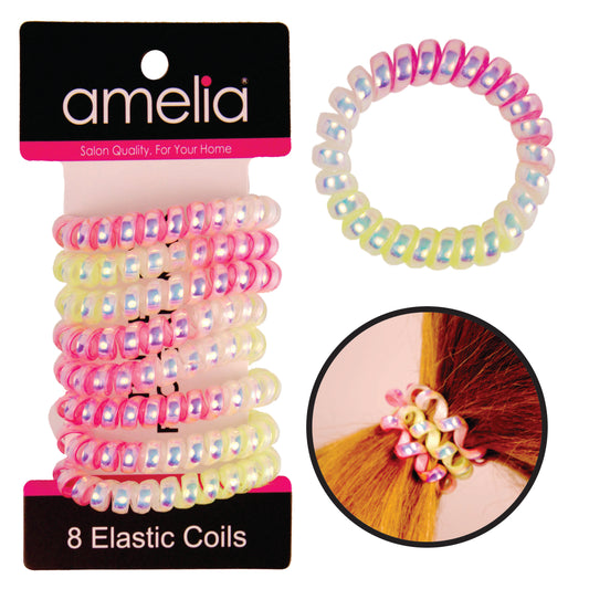 Amelia Beauty Products 8 Medium Smooth Elastic Mutli-Colored Hair Coils, 2.25in Diameter Spiral Hair Ties, Gentle Yet Strong Hold and Minimizes Dents, Yellow/Pink