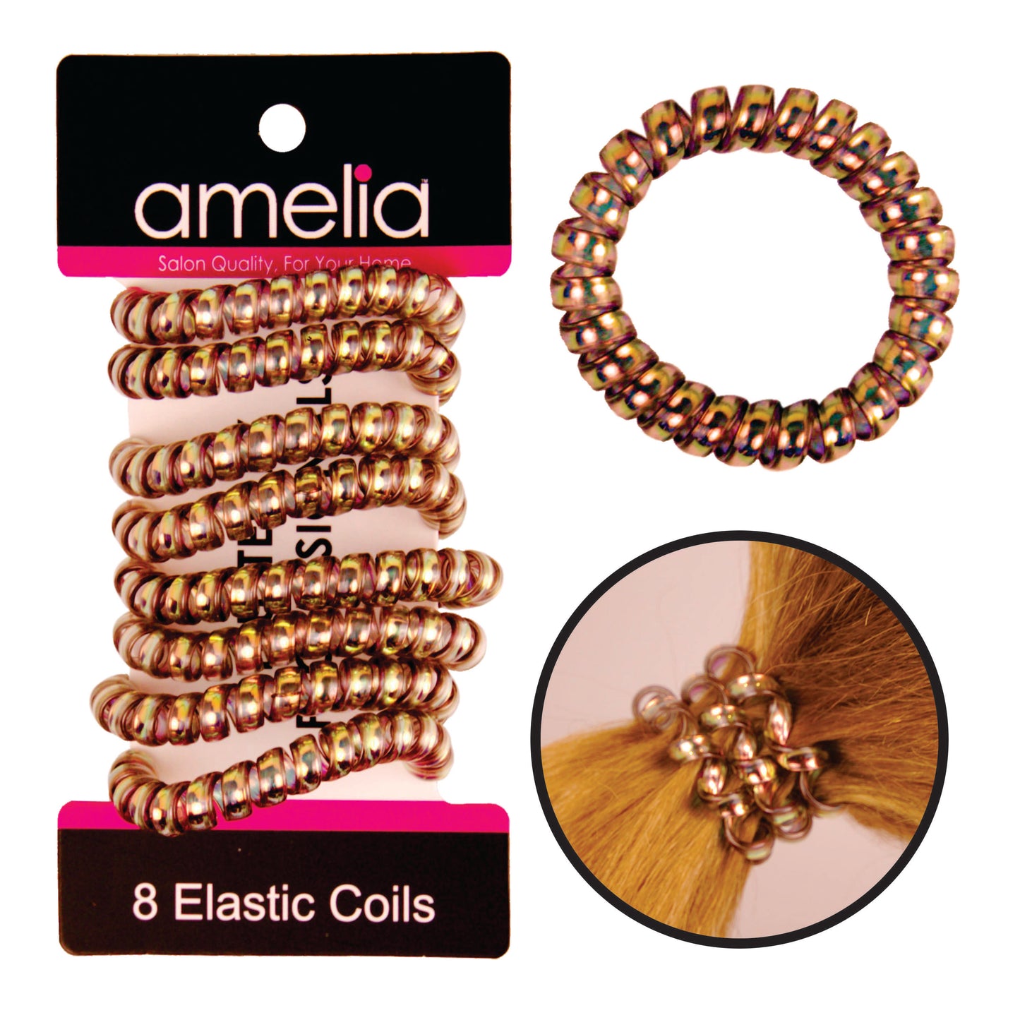 Amelia Beauty Products 8 Medium Smooth Elastic Hair Coils, 2.25in Diameter Spiral Hair Ties, Gentle on Hair, Strong Hold and Minimizes Dents and Creases, Bronze