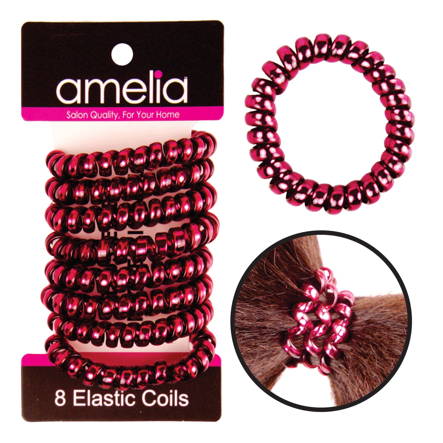 Amelia Beauty Products 8 Medium Smooth Elastic Hair Coils, 2.25in Diameter Spiral Hair Ties, Gentle on Hair, Strong Hold and Minimizes Dents and Creases, Maroon