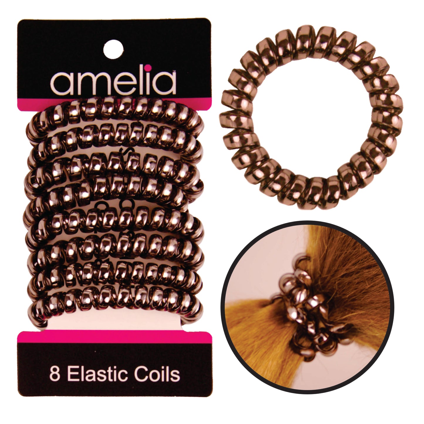 Amelia Beauty Products 8 Medium Smooth Elastic Hair Coils, 2.25in Diameter Spiral Hair Ties, Gentle on Hair, Strong Hold and Minimizes Dents and Creases, Nickel