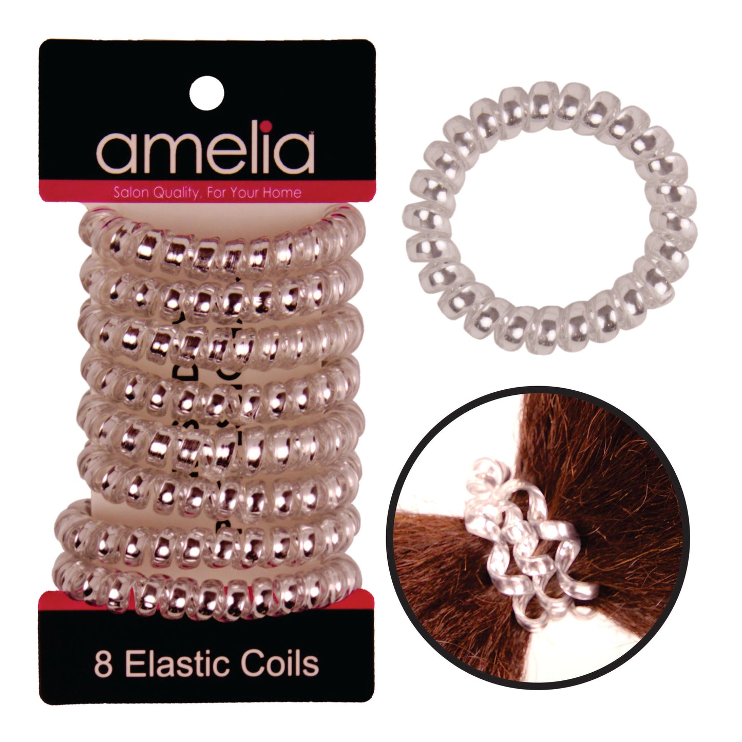 Amelia Beauty Products 8 Medium Smooth Elastic Hair Coils, 2.25in Diameter Spiral Hair Ties, Gentle on Hair, Strong Hold and Minimizes Dents and Creases, Silver