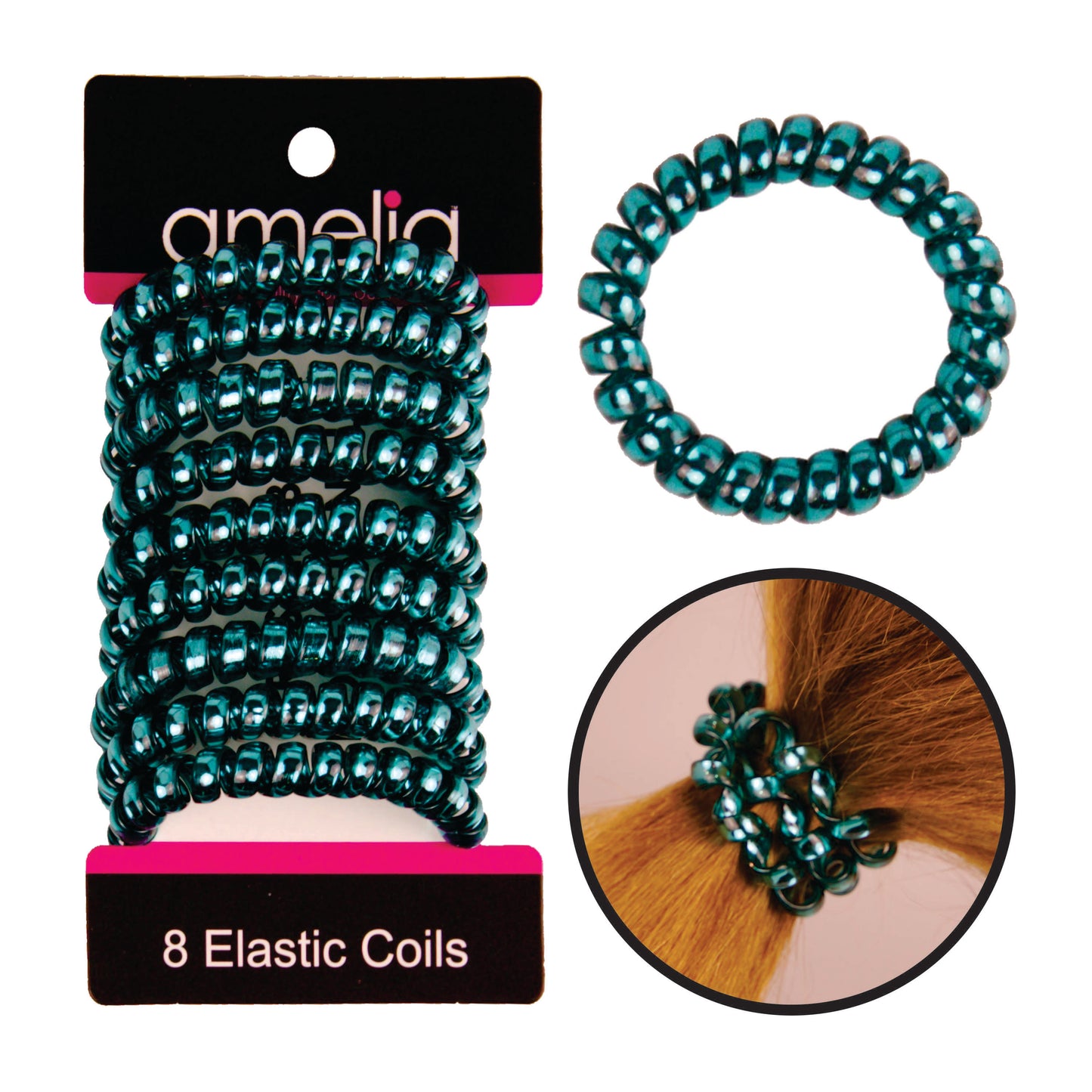 Amelia Beauty Products 8 Medium Smooth Elastic Hair Coils, 2.25in Diameter Spiral Hair Ties, Gentle on Hair, Strong Hold and Minimizes Dents and Creases, Teal