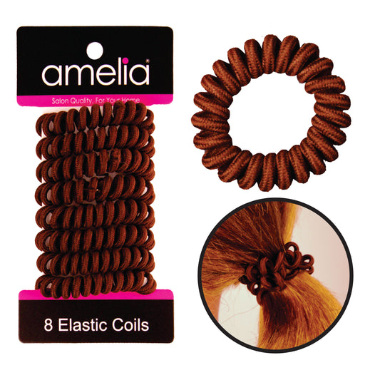 Amelia Beauty, 8 Small Fabric Wrapped Elastic Hair Coils, 1.75in Diameter Spiral Hair Ties, Gentle on Hair, Strong Hold and Minimizes Dents and Creases, Brown