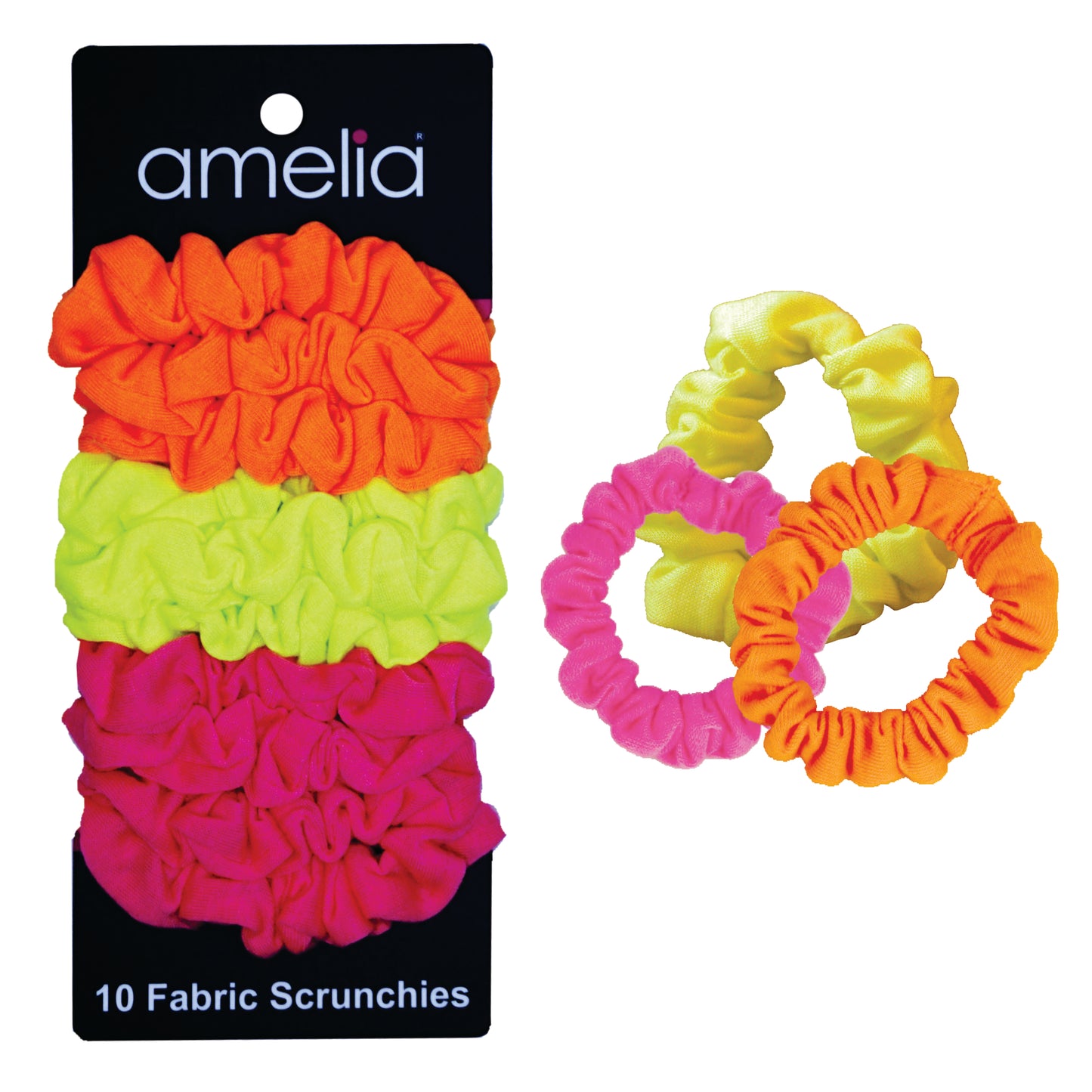 Amelia Beauty, Medium Neon Jersey Scrunchies, 2.5in Diameter, Gentle on Hair, Strong Hold, No Snag, No Dents or Creases. 10 Pack