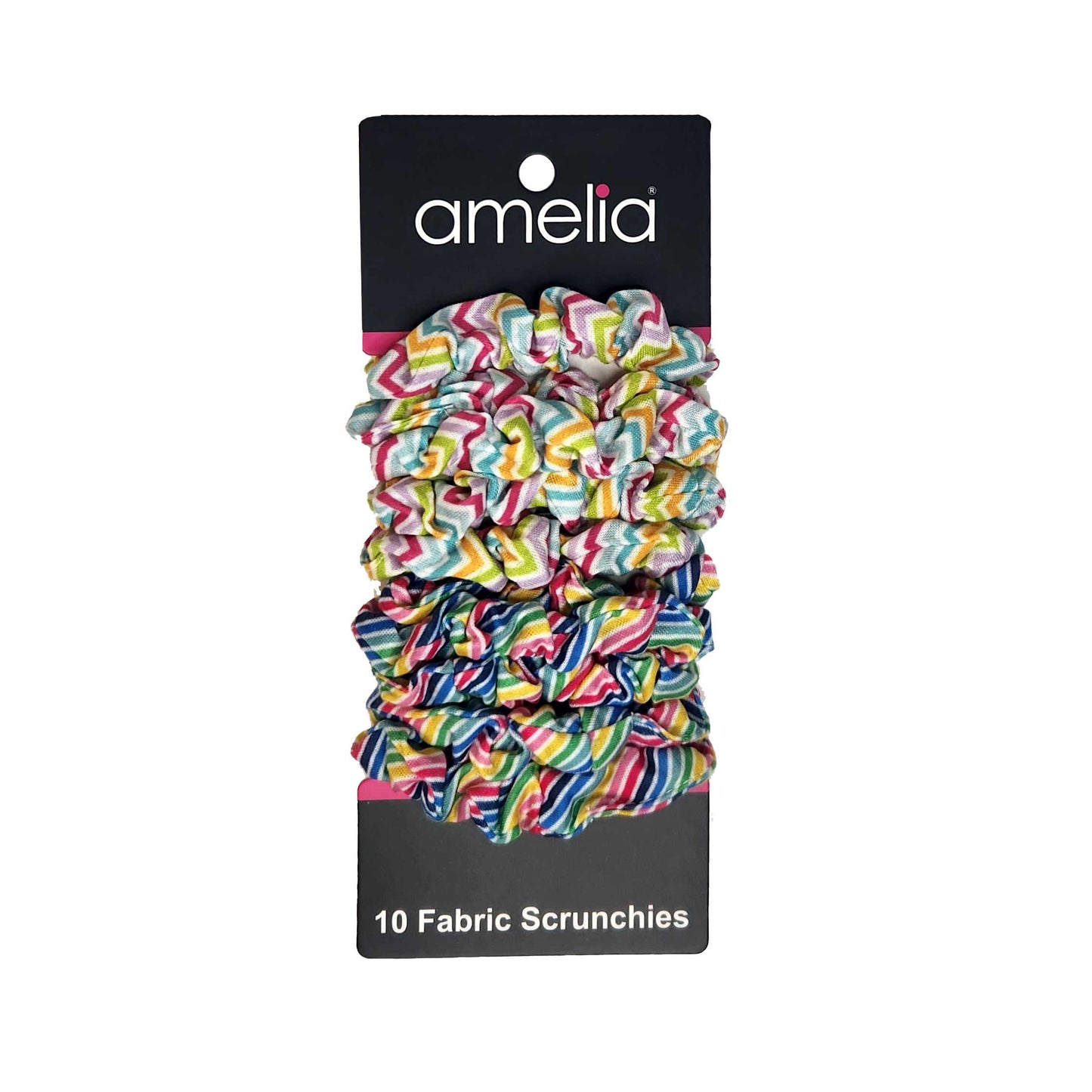 Amelia Beauty, Medium Rainbow and Pastel Stripe Mix Jersey Scrunchies, 2.5in Diameter, Gentle on Hair, Strong Hold, No Snag, No Dents or Creases. 10 Pack