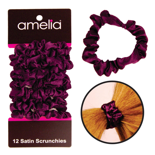 Amelia Beauty, Burgundy Satin Scrunchies, 2.25in Diameter, Gentle on Hair, Strong Hold, No Snag, No Dents or Creases. 12 Pack