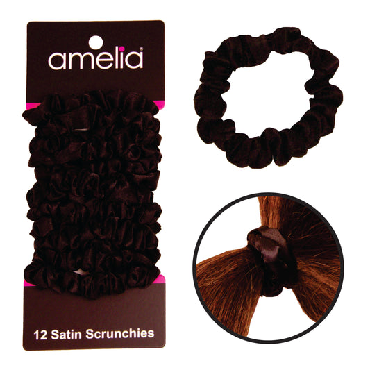 Amelia Beauty, Black Satin Scrunchies, 2.25in Diameter, Gentle on Hair, Strong Hold, No Snag, No Dents or Creases. 12 Pack