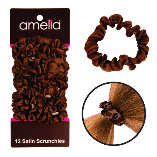 Amelia Beauty, Brown Satin Scrunchies, 2.25in Diameter, Gentle on Hair, Strong Hold, No Snag, No Dents or Creases. 12 Pack