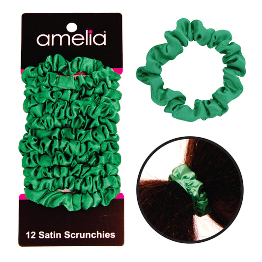 Amelia Beauty, Green Satin Scrunchies, 2.25in Diameter, Gentle on Hair, Strong Hold, No Snag, No Dents or Creases. 12 Pack