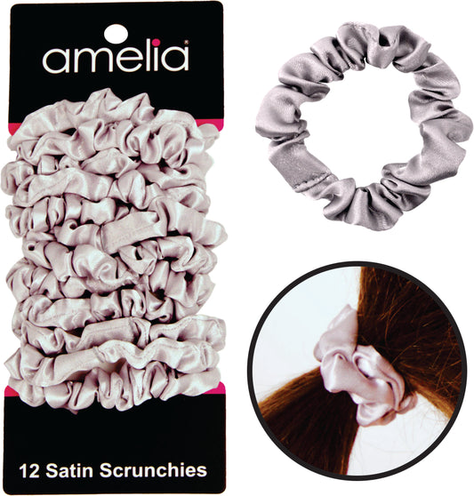 Amelia Beauty, Gray Satin Scrunchies, 2.25in Diameter, Gentle on Hair, Strong Hold, No Snag, No Dents or Creases. 12 Pack