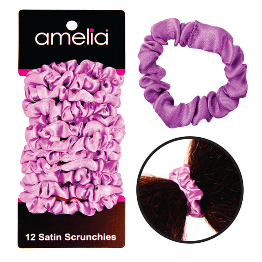 Amelia Beauty, Lavender Satin Scrunchies, 2.25in Diameter, Gentle on Hair, Strong Hold, No Snag, No Dents or Creases. 12 Pack