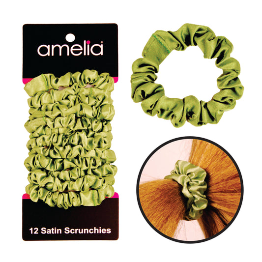 Amelia Beauty, Lime Satin Scrunchies, 2.25in Diameter, Gentle on Hair, Strong Hold, No Snag, No Dents or Creases. 12 Pack