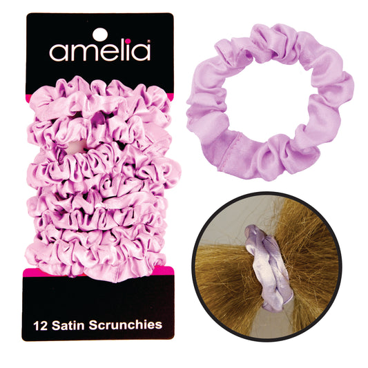 Amelia Beauty, Pink Satin Scrunchies, 2.25in Diameter, Gentle on Hair, Strong Hold, No Snag, No Dents or Creases. 12 Pack