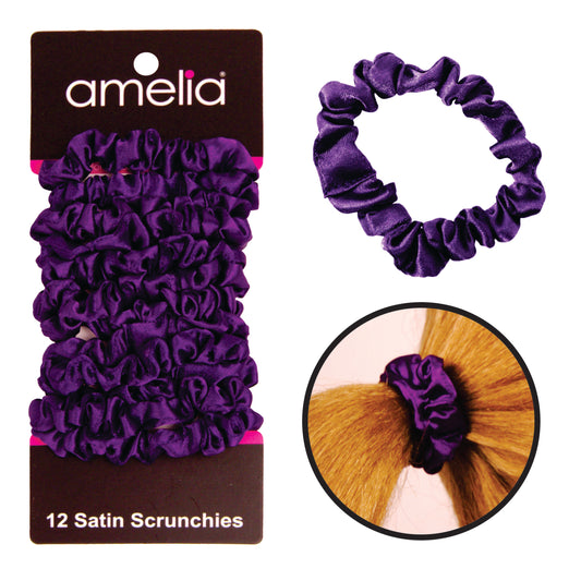 Amelia Beauty, Purple Satin Scrunchies, 2.25in Diameter, Gentle on Hair, Strong Hold, No Snag, No Dents or Creases. 12 Pack