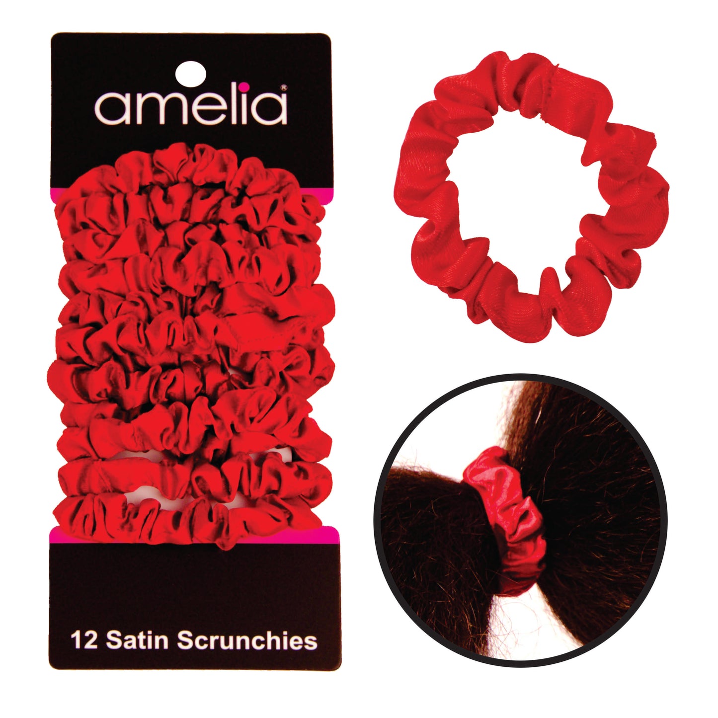 Amelia Beauty, Red Satin Scrunchies, 2.25in Diameter, Gentle on Hair, Strong Hold, No Snag, No Dents or Creases. 12 Pack