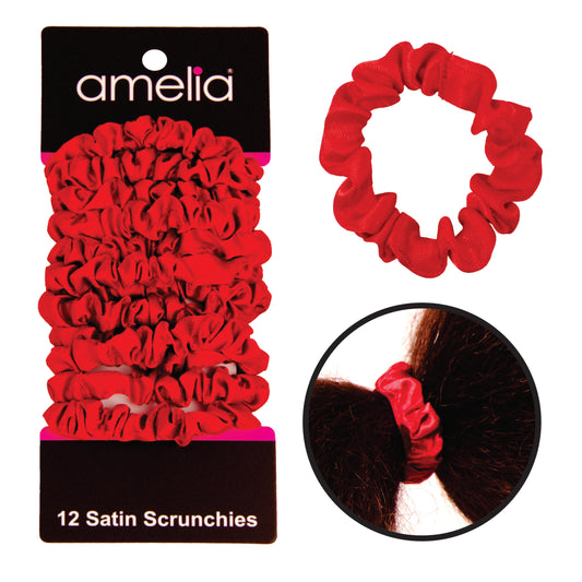 Amelia Beauty, Red Satin Scrunchies, 2.25in Diameter, Gentle on Hair, Strong Hold, No Snag, No Dents or Creases. 12 Pack