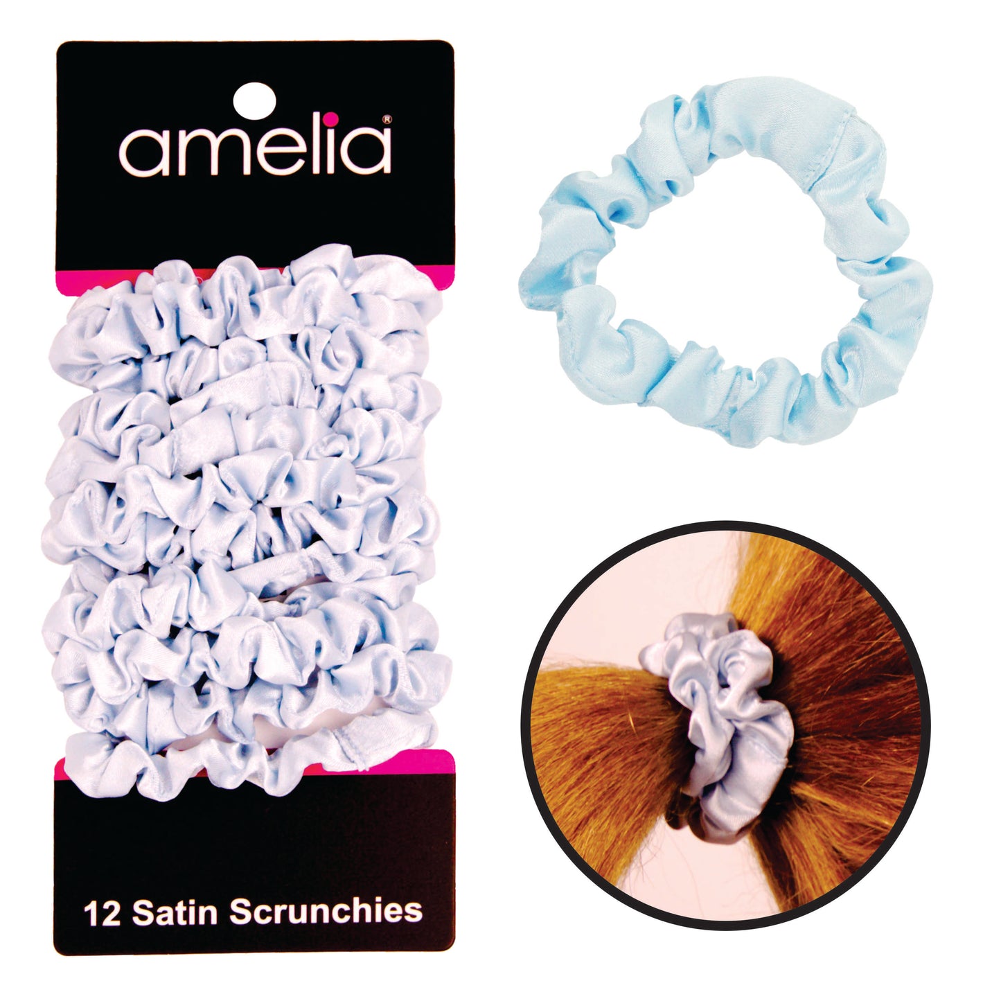 Amelia Beauty, Sky Satin Scrunchies, 2.25in Diameter, Gentle on Hair, Strong Hold, No Snag, No Dents or Creases. 12 Pack