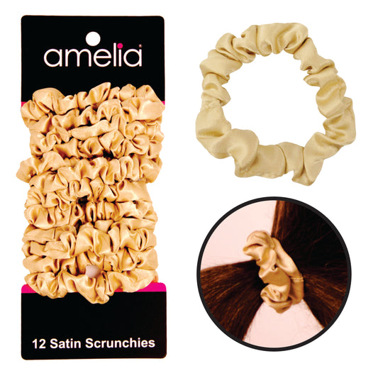 Amelia Beauty, Tan Satin Scrunchies, 2.25in Diameter, Gentle on Hair, Strong Hold, No Snag, No Dents or Creases. 12 Pack