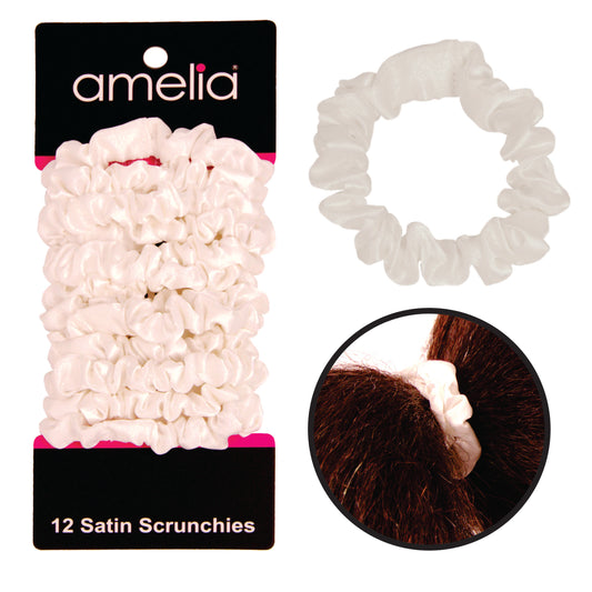 Amelia Beauty, White Satin Scrunchies, 2.25in Diameter, Gentle on Hair, Strong Hold, No Snag, No Dents or Creases. 12 Pack