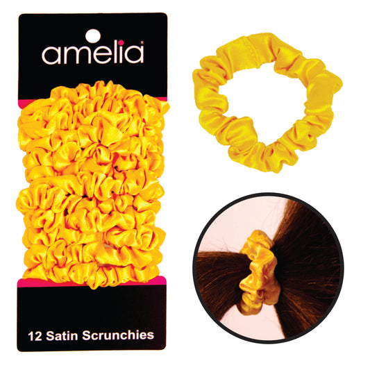 Amelia Beauty, Yellow Satin Scrunchies, 2.25in Diameter, Gentle on Hair, Strong Hold, No Snag, No Dents or Creases. 12 Pack