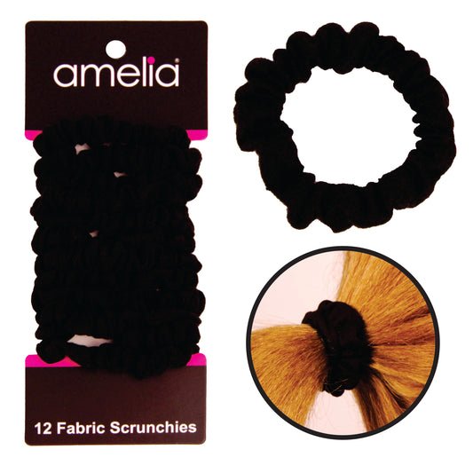 Amelia Beauty, Black Jersey Scrunchies, 2.25in Diameter, Gentle on Hair, Strong Hold, No Snag, No Dents or Creases. 12 Pack