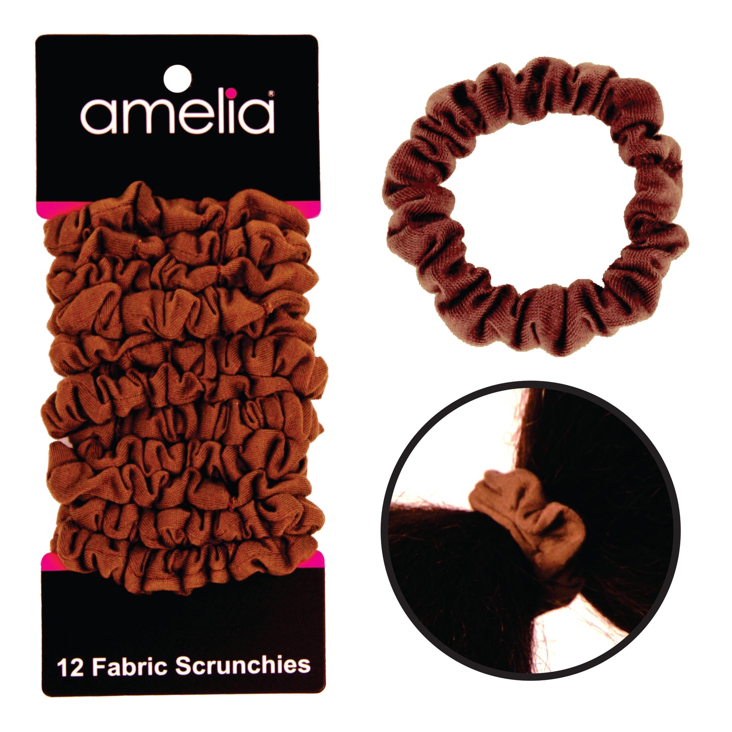 Amelia Beauty, Brown Jersey Scrunchies, 2.25in Diameter, Gentle on Hair, Strong Hold, No Snag, No Dents or Creases. 12 Pack