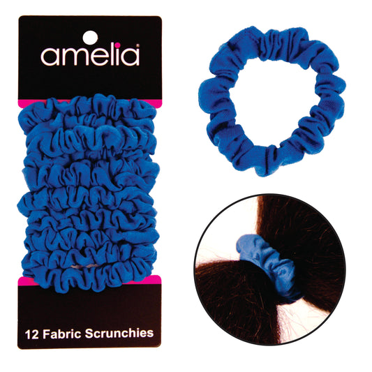 Amelia Beauty, Blue Jersey Scrunchies, 2.25in Diameter, Gentle on Hair, Strong Hold, No Snag, No Dents or Creases. 12 Pack