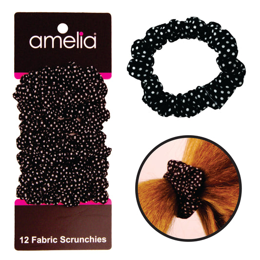 Amelia Beauty, Black/White Polka Dot Jersey Scrunchies, 2.25in Diameter, Gentle on Hair, Strong Hold, No Snag, No Dents or Creases. 12 Pack