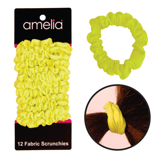 Amelia Beauty, Neon Lime Jersey Scrunchies, 2.25in Diameter, Gentle on Hair, Strong Hold, No Snag, No Dents or Creases. 12 Pack