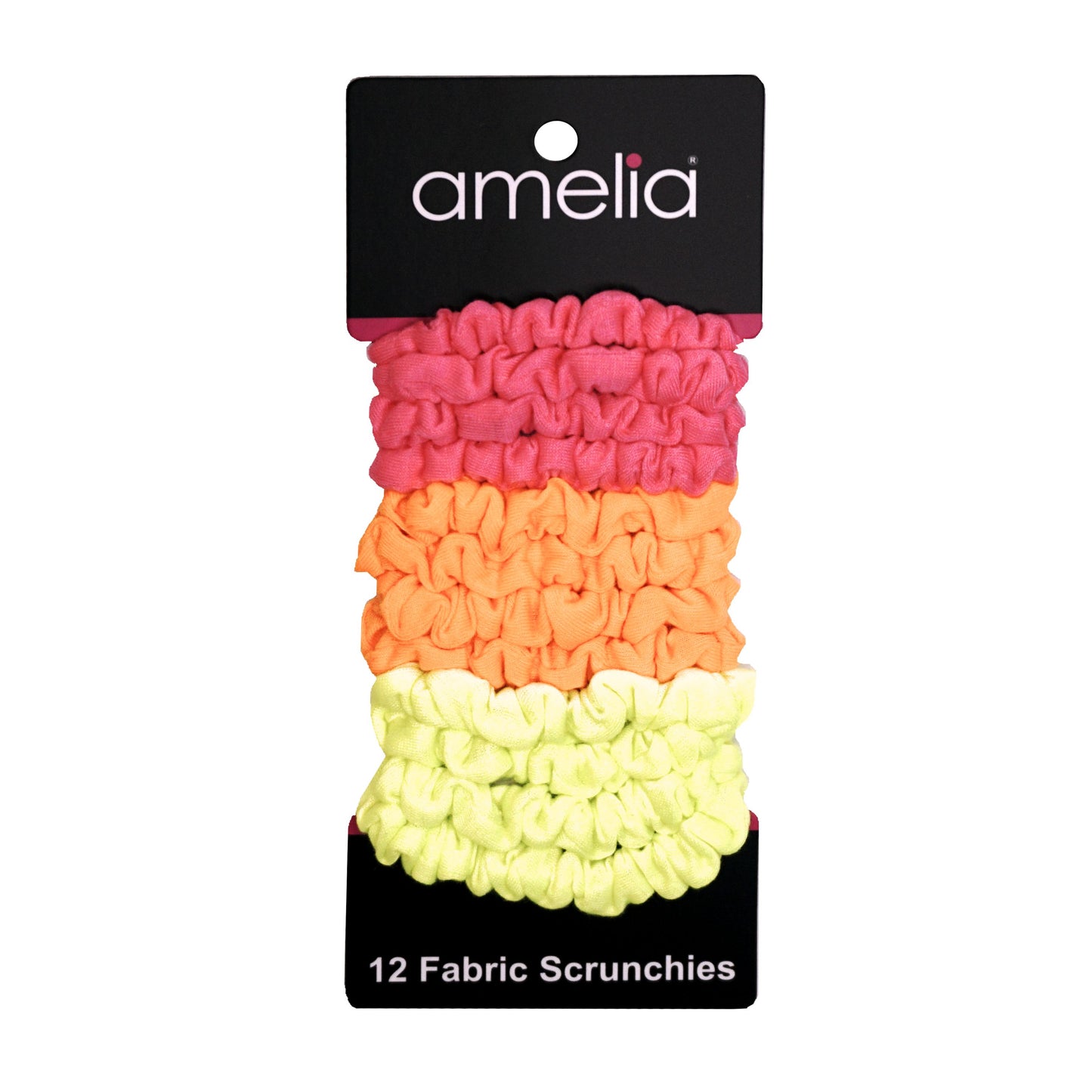 Amelia Beauty, Neon Mix Jersey Scrunchies, 2.25in Diameter, Gentle on Hair, Strong Hold, No Snag, No Dents or Creases. 12 Pack