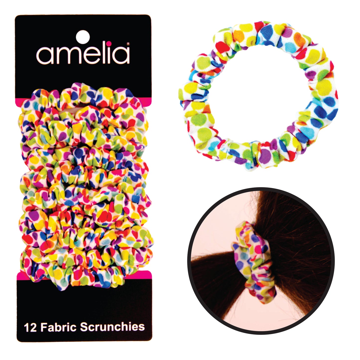 Amelia Beauty, Rainbow Dots Jersey Scrunchies, 2.25in Diameter, Gentle on Hair, Strong Hold, No Snag, No Dents or Creases. 12 Pack