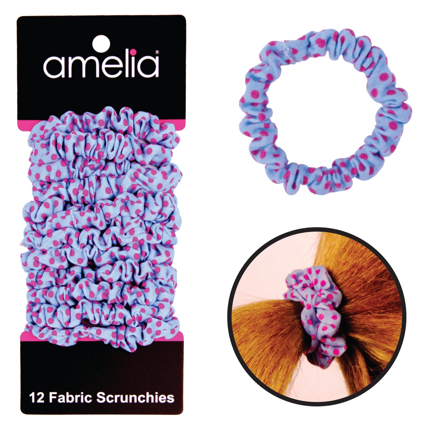 Amelia Beauty, Blue/Pink Dot Jersey Scrunchies, 2.25in Diameter, Gentle on Hair, Strong Hold, No Snag, No Dents or Creases. 12 Pack