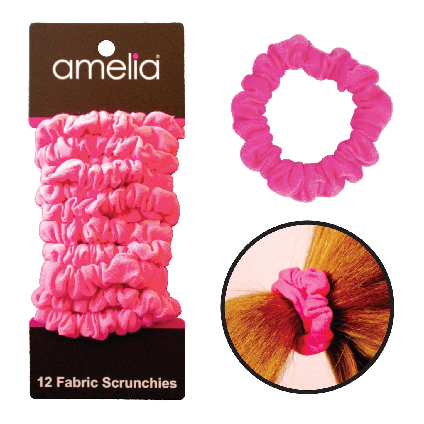 Amelia Beauty, Neon Pink Jersey Scrunchies, 2.25in Diameter, Gentle on Hair, Strong Hold, No Snag, No Dents or Creases. 12 Pack