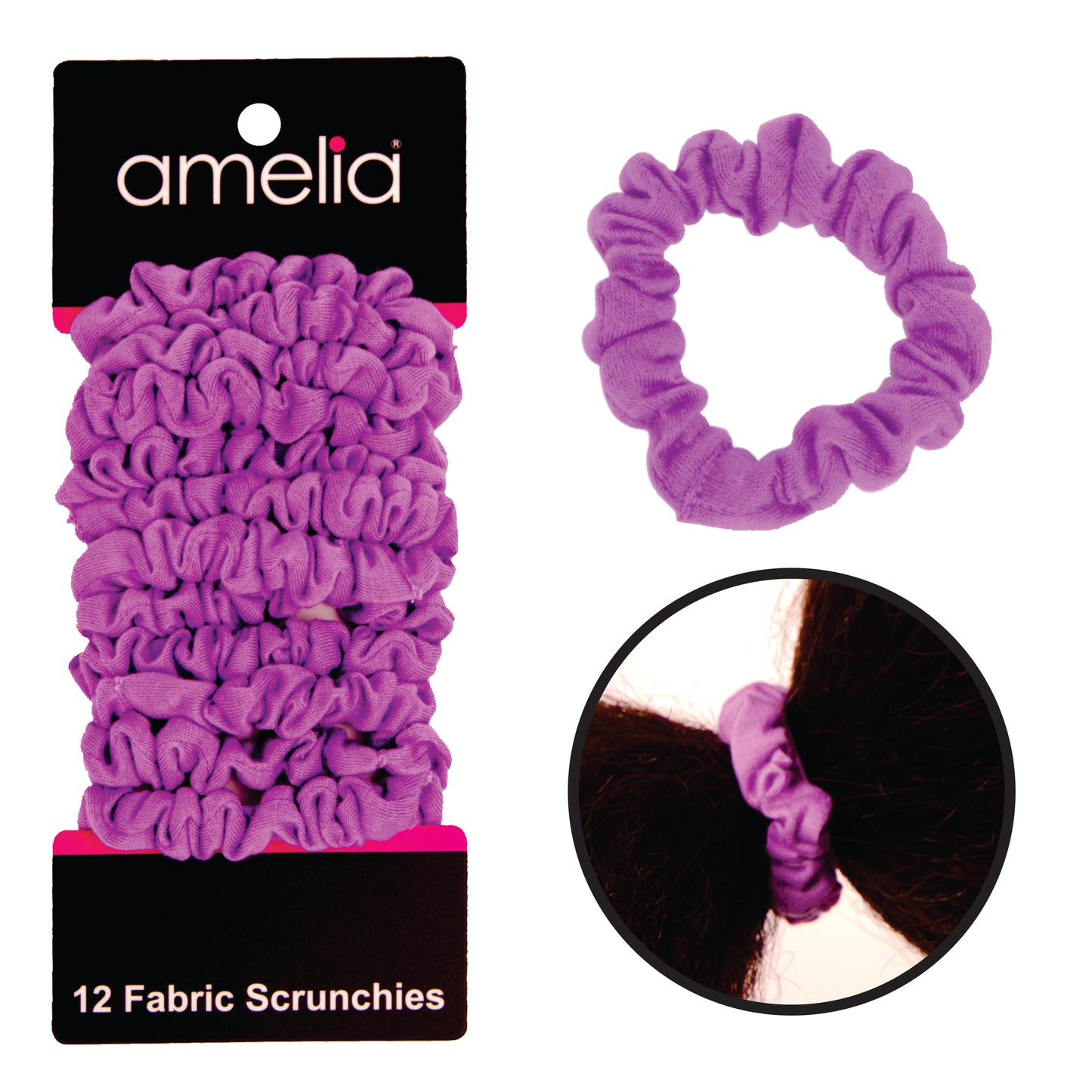 Amelia Beauty, Purple Jersey Scrunchies, 2.25in Diameter, Gentle on Hair, Strong Hold, No Snag, No Dents or Creases. 12 Pack