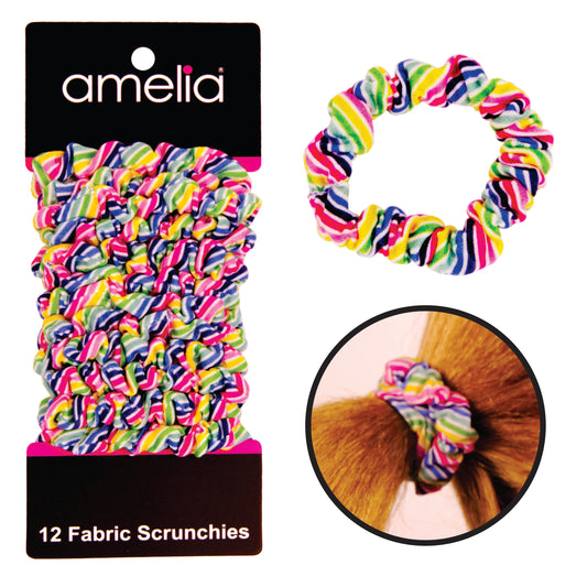 Amelia Beauty, Rainbow Stripe Jersey Scrunchies, 2.25in Diameter, Gentle on Hair, Strong Hold, No Snag, No Dents or Creases. 12 Pack