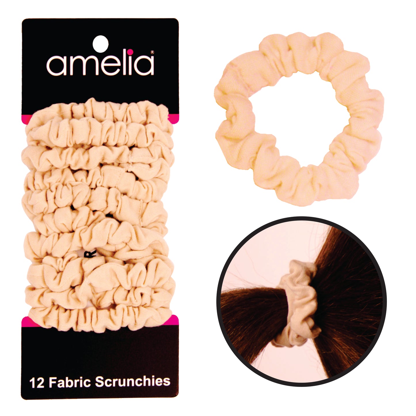 Amelia Beauty, Tan Jersey Scrunchies, 2.25in Diameter, Gentle on Hair, Strong Hold, No Snag, No Dents or Creases. 12 Pack