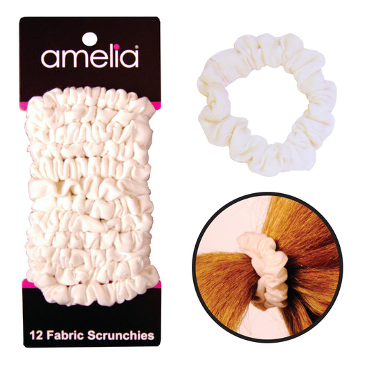 Amelia Beauty, White Jersey Scrunchies, 2.25in Diameter, Gentle on Hair, Strong Hold, No Snag, No Dents or Creases. 12 Pack