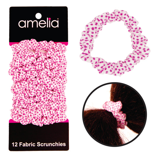 Amelia Beauty, White/Pink Dot Jersey Scrunchies, 2.25in Diameter, Gentle on Hair, Strong Hold, No Snag, No Dents or Creases. 12 Pack