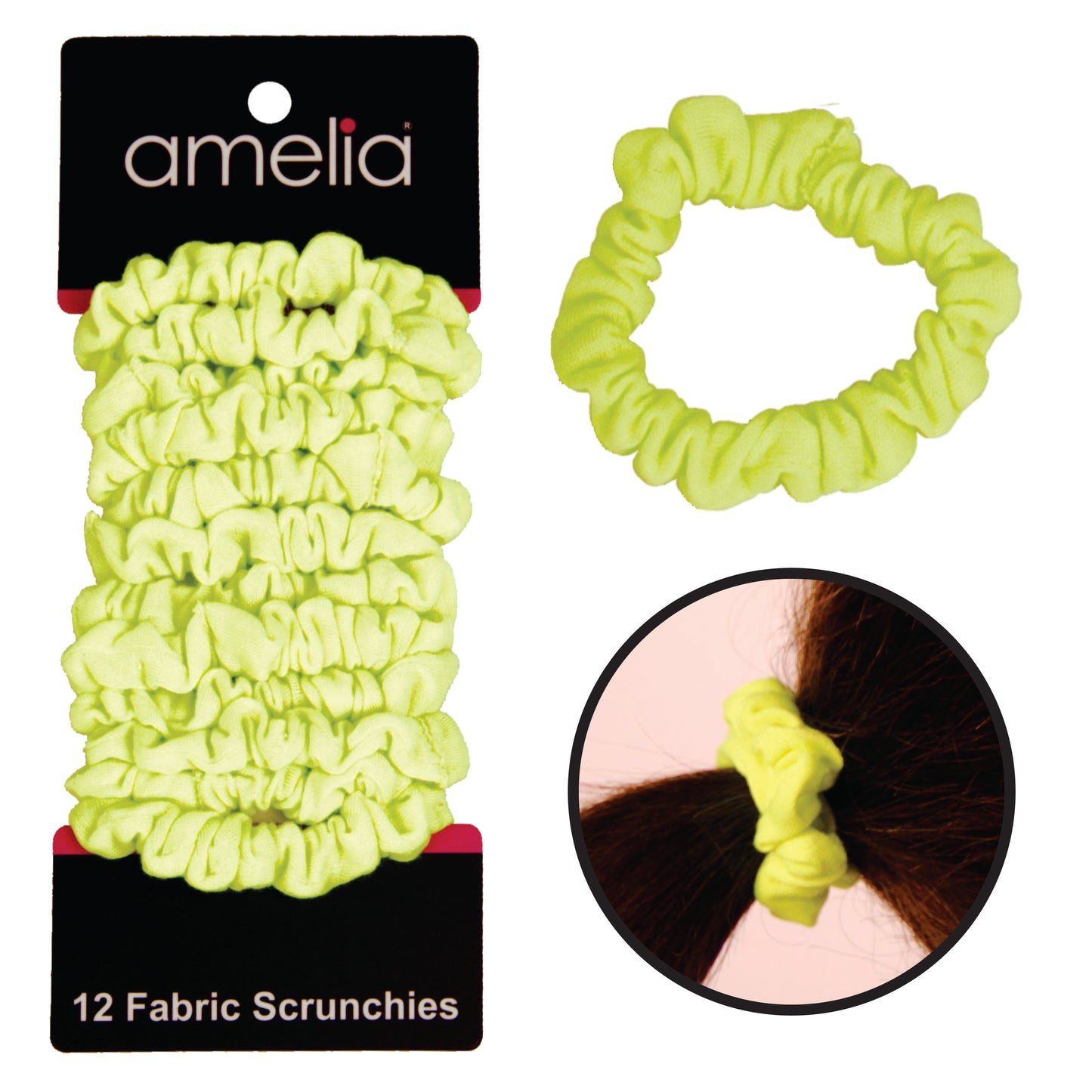 Amelia Beauty, Neon Yellow Jersey Scrunchies, 2.25in Diameter, Gentle on Hair, Strong Hold, No Snag, No Dents or Creases. 12 Pack