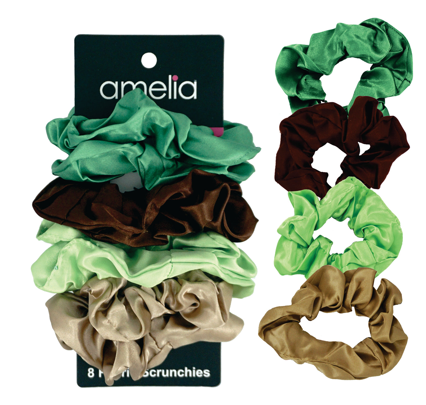 Amelia Beauty Products, Forest Blend Satin Scrunchies, 3.5in Diameter, Gentle on Hair, Strong Hold, No Snag, No Dents or Creases. 8 Pack