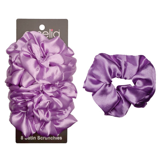 Amelia Beauty Products, Lavender Satin Scrunchies, 3.5in Diameter, Gentle on Hair, Strong Hold, No Snag, No Dents or Creases. 8 Pack