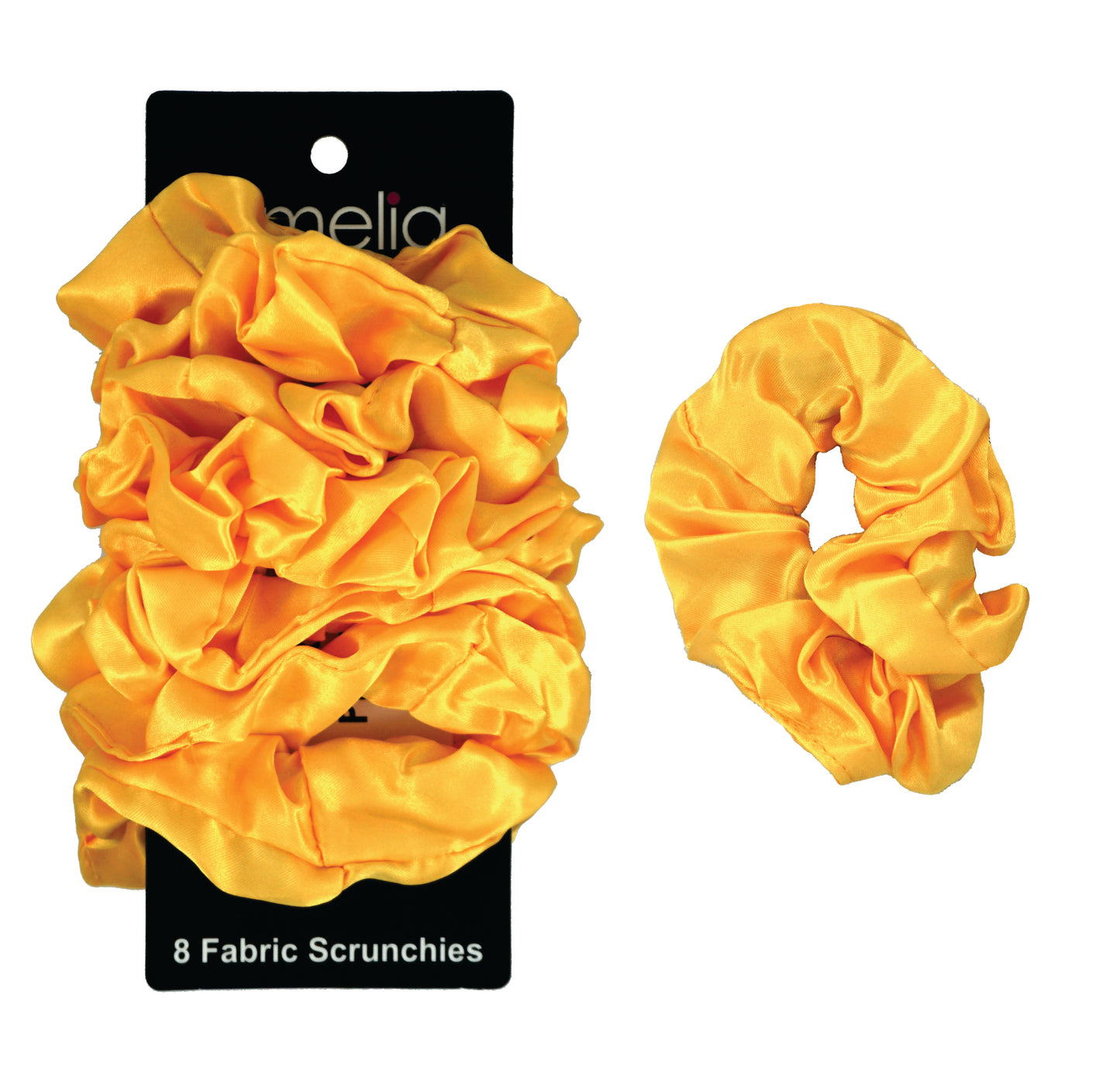 Amelia Beauty Products, Yellow Satin Scrunchies, 3.5in Diameter, Gentle on Hair, Strong Hold, No Snag, No Dents or Creases. 8 Pack