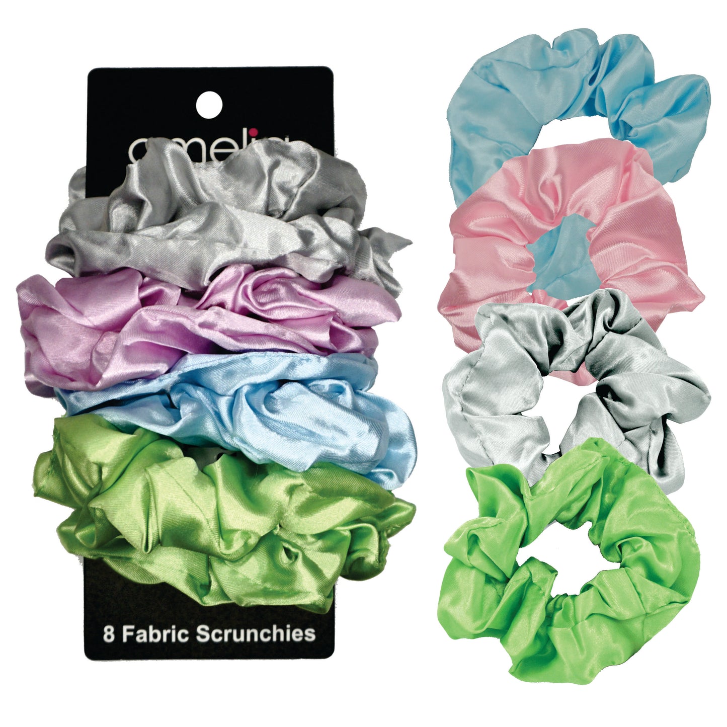 Amelia Beauty Products, Pastel Mix Satin Scrunchies, 3.5in Diameter, Gentle on Hair, Strong Hold, No Snag, No Dents or Creases. 8 Pack